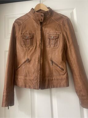 Max Jeans Women's Cognac Brown Leather Zip Jacket